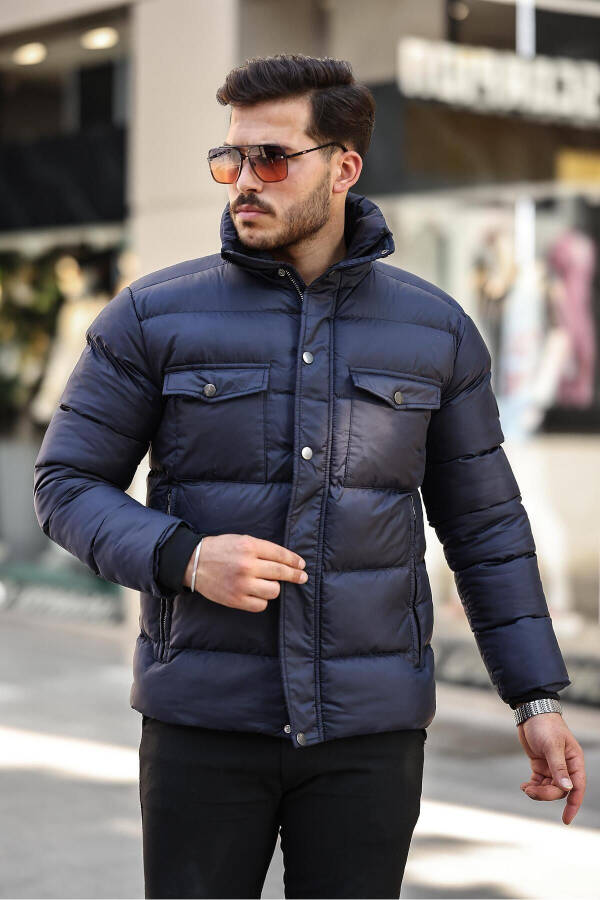 Men's Navy Blue Regular Fit Stand Collar Water and Windproof Puffer Jacket - 1