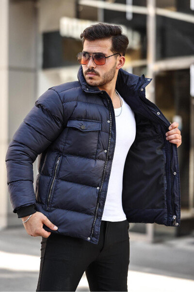 Men's Navy Blue Regular Fit Stand Collar Water and Windproof Puffer Jacket - 2