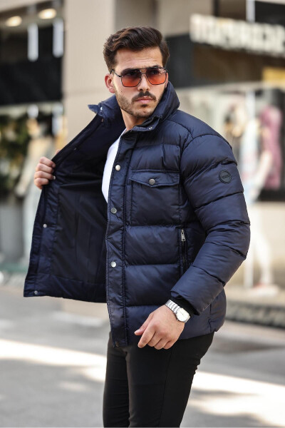 Men's Navy Blue Regular Fit Stand Collar Water and Windproof Puffer Jacket - 3