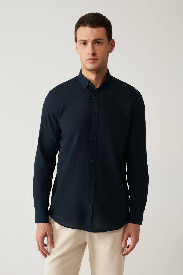 Men's Navy Blue Shirt 100% Cotton Fine Soft Touch Buttoned Collar Long Sleeve Regular Fit E002206 - 6