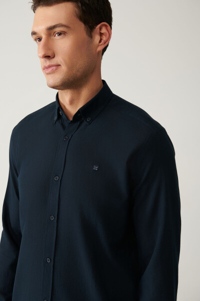 Men's Navy Blue Shirt 100% Cotton Fine Soft Touch Buttoned Collar Long Sleeve Regular Fit E002206 - 7