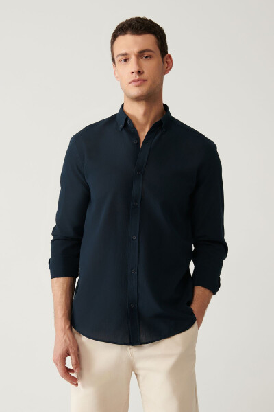 Men's Navy Blue Shirt 100% Cotton Fine Soft Touch Buttoned Collar Long Sleeve Regular Fit E002206 - 8