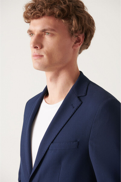 Men's Navy Blue Slim Fit Stretch Blazer - 7