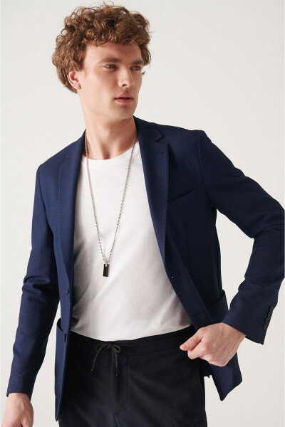 Men's Navy Blue Slim Fit Stretch Blazer - 8