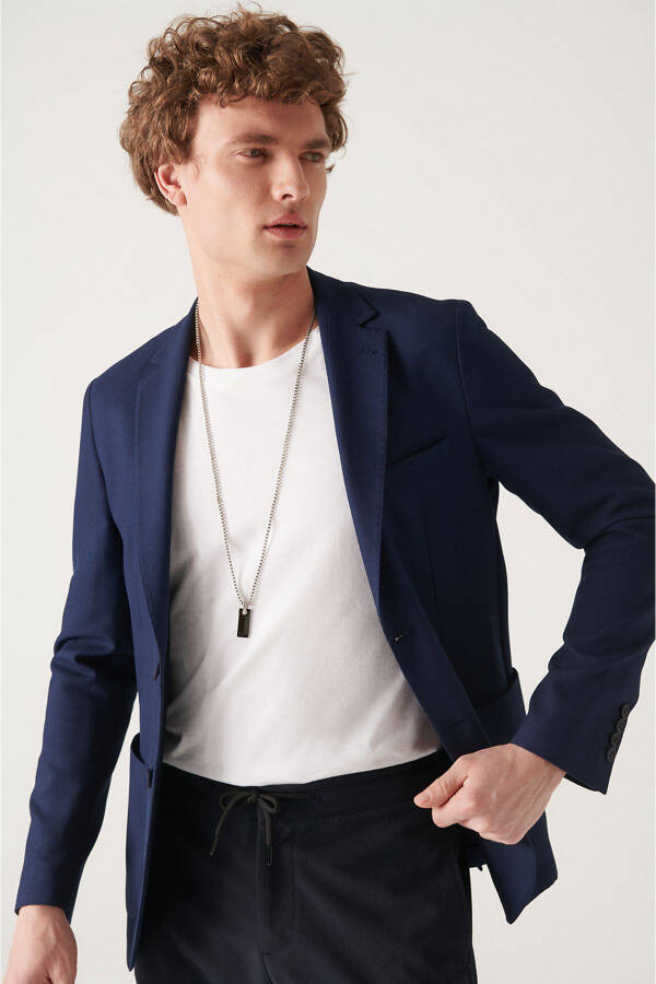 Men's Navy Blue Slim Fit Stretch Blazer - 8