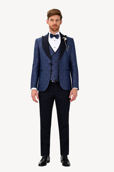 Men's Navy Blue Swallow Collar Slim Fit Tuxedo - 2