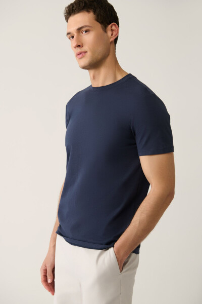 Men's Navy Blue T-shirt 100% Cotton Breathable Crew Neck Regular Fit E001000 - 9