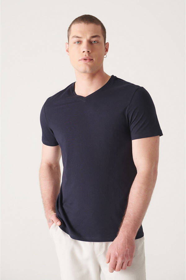 Men's Navy Blue T-shirt 100% Cotton V-Neck Regular Fit E001001 - 11