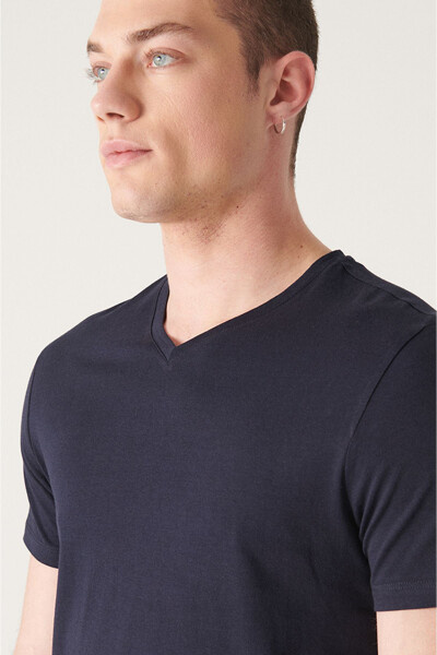 Men's Navy Blue T-shirt 100% Cotton V-Neck Regular Fit E001001 - 2