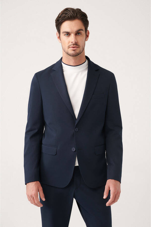 Men's Navy Blue Unlined Bi-stretch Double Breasted Jacket - 6