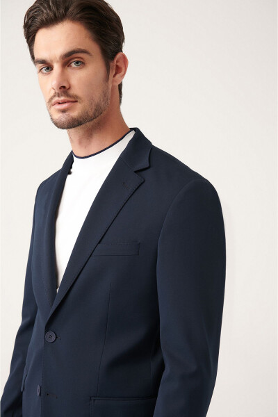 Men's Navy Blue Unlined Bi-stretch Double Breasted Jacket - 7