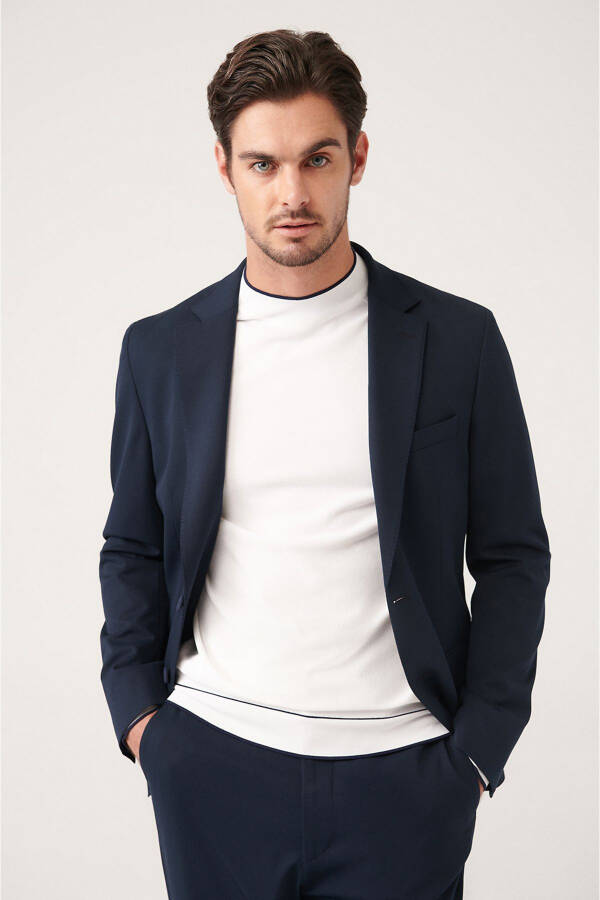 Men's Navy Blue Unlined Bi-stretch Double Breasted Jacket - 8