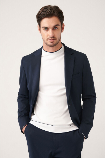 Men's Navy Blue Unlined Bi-stretch Double Breasted Jacket - 3