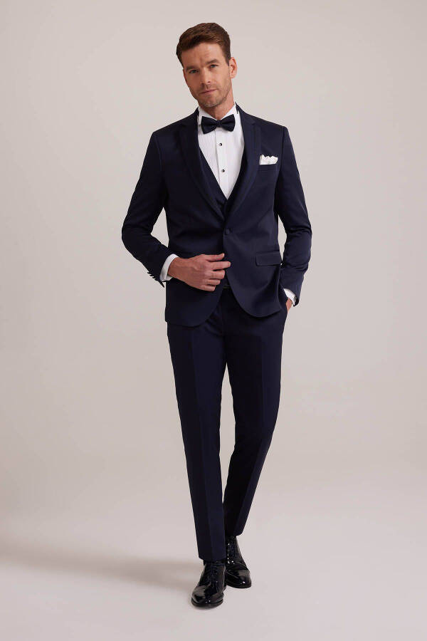 Men's Navy Blue Vested Single Breasted Slim Fit Groom Suit - 9