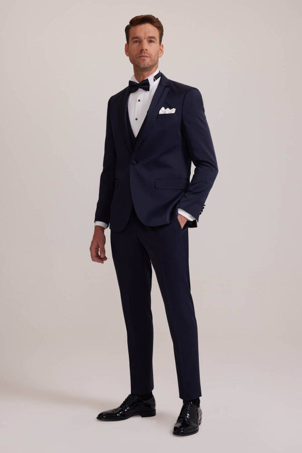 Men's Navy Blue Vested Single Breasted Slim Fit Groom Suit - 10