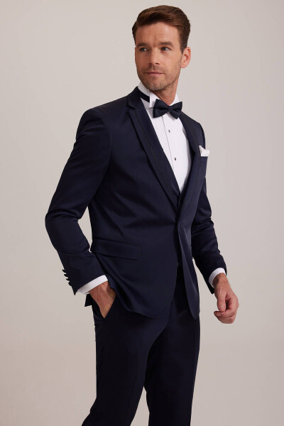 Men's Navy Blue Vested Single Breasted Slim Fit Groom Suit - 11