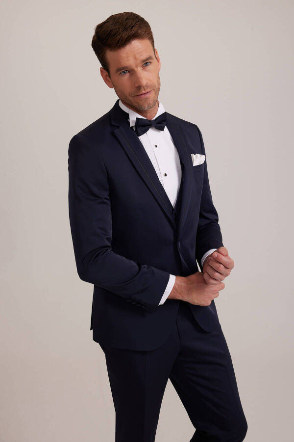 Men's Navy Blue Vested Single Breasted Slim Fit Groom Suit - 12