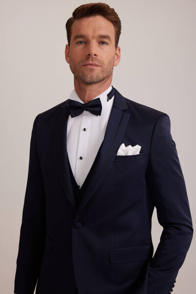 Men's Navy Blue Vested Single Breasted Slim Fit Groom Suit - 13