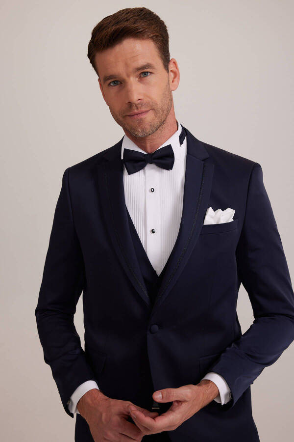 Men's Navy Blue Vested Single Breasted Slim Fit Groom Suit - 14