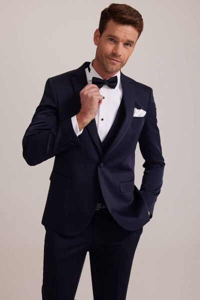 Men's Navy Blue Vested Single Breasted Slim Fit Groom Suit - 4