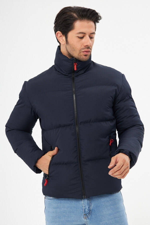 Men's Navy Blue Windproof Padded Winter Jacket with Inner Lining - 9