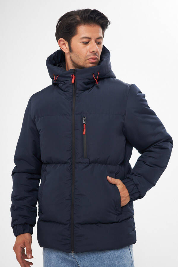 Men's Navy Blue Winter Puffer Jacket with Hood and Thick Lining, Windproof - 9