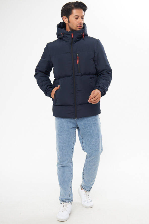 Men's Navy Blue Winter Puffer Jacket with Hood and Thick Lining, Windproof - 10