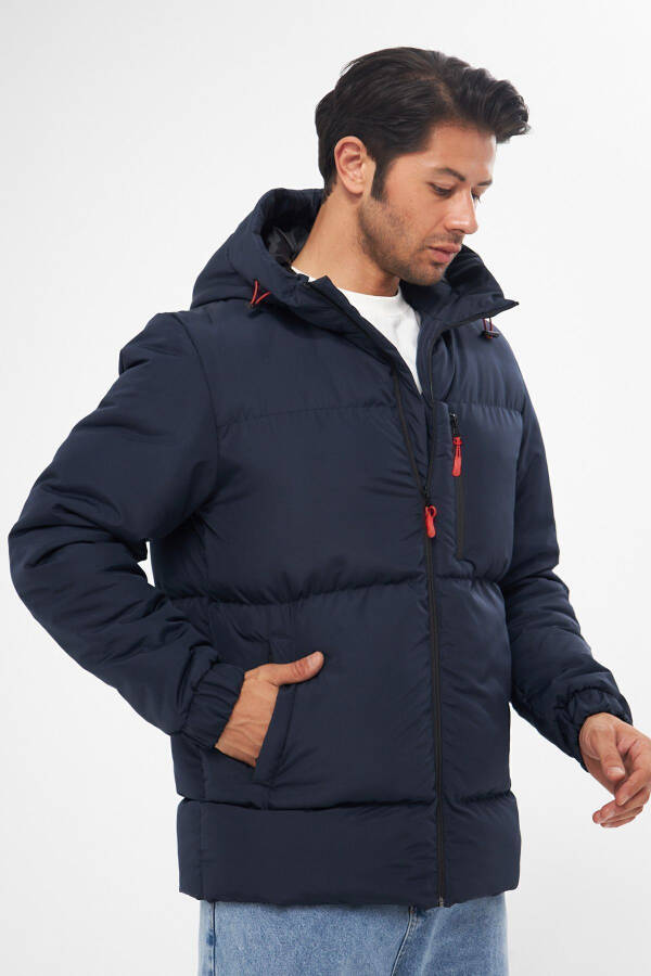 Men's Navy Blue Winter Puffer Jacket with Hood and Thick Lining, Windproof - 11