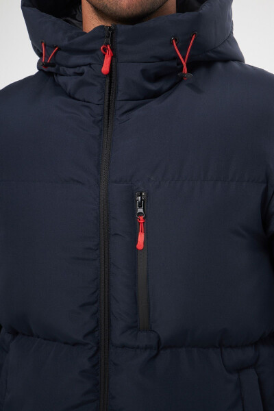 Men's Navy Blue Winter Puffer Jacket with Hood and Thick Lining, Windproof - 12