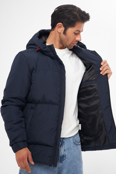 Men's Navy Blue Winter Puffer Jacket with Hood and Thick Lining, Windproof - 14