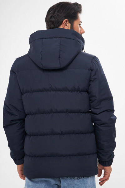 Men's Navy Blue Winter Puffer Jacket with Hood and Thick Lining, Windproof - 15