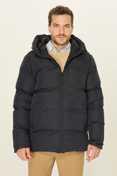 Men's Navy Blue Winter Puffer Jacket with Hood and Thick Lining, Windproof - 2