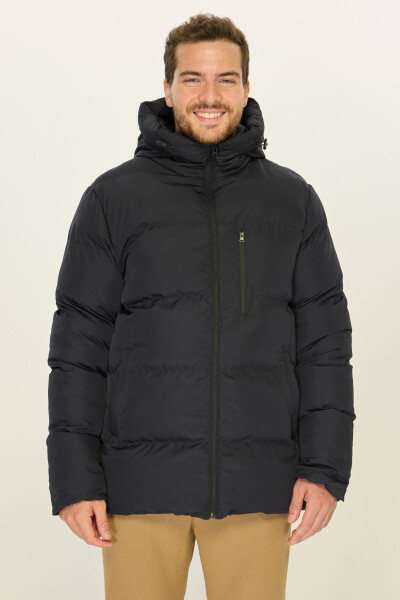 Men's Navy Blue Winter Puffer Jacket with Hood and Thick Lining, Windproof - 3