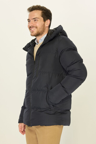 Men's Navy Blue Winter Puffer Jacket with Hood and Thick Lining, Windproof - 5