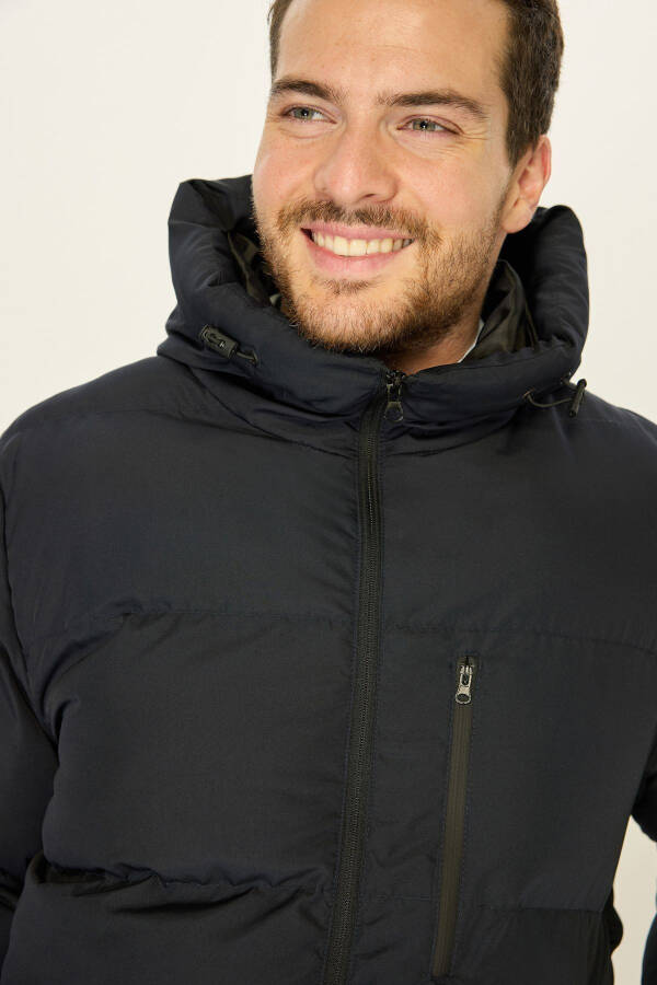 Men's Navy Blue Winter Puffer Jacket with Hood and Thick Lining, Windproof - 6