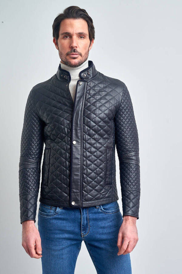 Men's Navy Blue Zippered Quilted Genuine Leather Jacket - 1