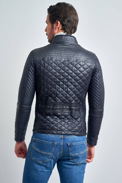 Men's Navy Blue Zippered Quilted Genuine Leather Jacket - 5