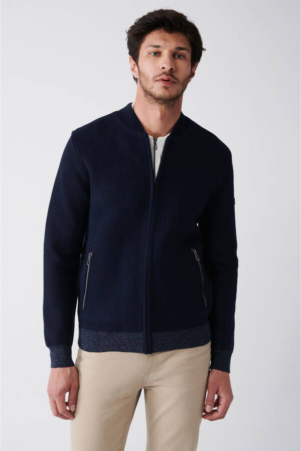 Men's Navy Bomber Jacket with Zipper and Fleece Detail - 6