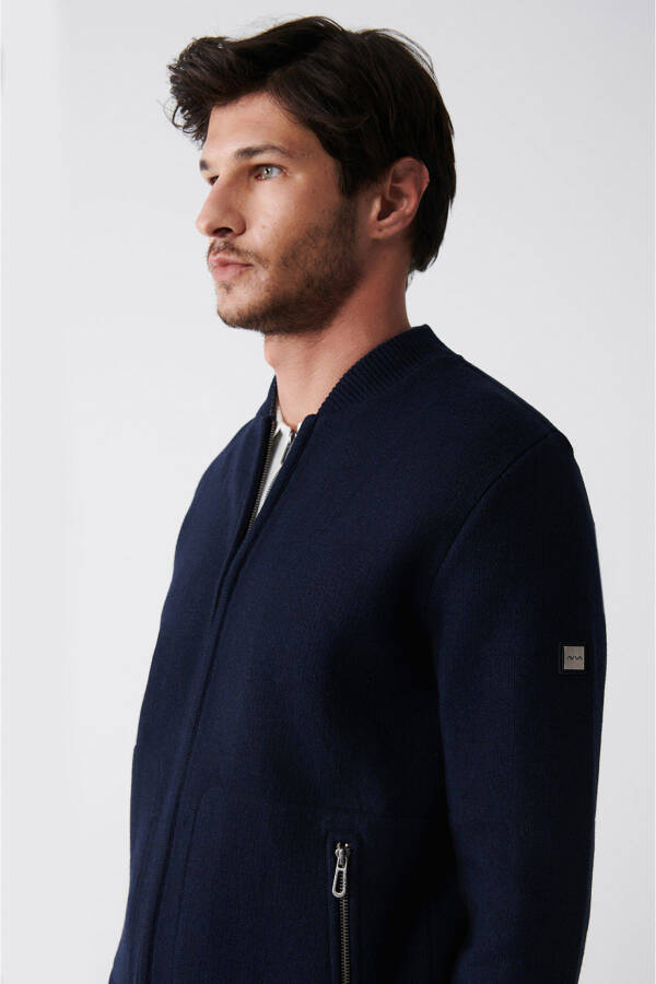 Men's Navy Bomber Jacket with Zipper and Fleece Detail - 7