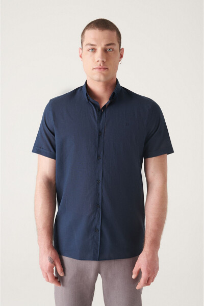 Men's Navy Button-Down Collar 100% Cotton Slim Fit Short Sleeve Regular Fit Shirt E002210 - 9