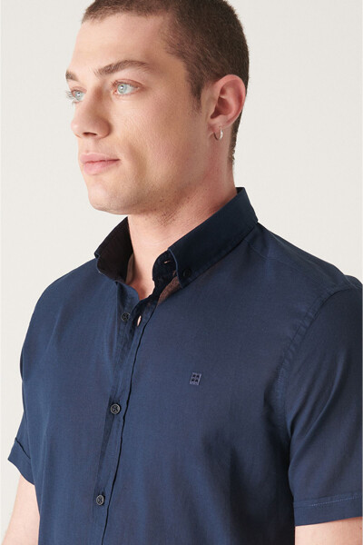 Men's Navy Button-Down Collar 100% Cotton Slim Fit Short Sleeve Regular Fit Shirt E002210 - 10