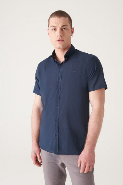 Men's Navy Button-Down Collar 100% Cotton Slim Fit Short Sleeve Regular Fit Shirt E002210 - 11