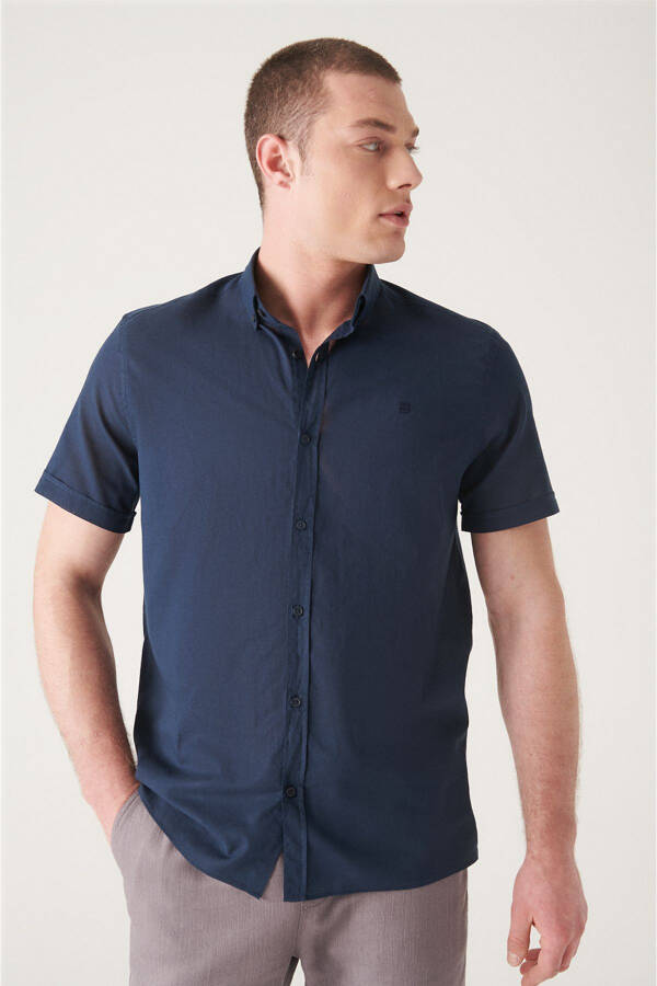 Men's Navy Button-Down Collar 100% Cotton Slim Fit Short Sleeve Regular Fit Shirt E002210 - 13