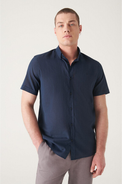 Men's Navy Button-Down Collar 100% Cotton Slim Fit Short Sleeve Regular Fit Shirt E002210 - 14