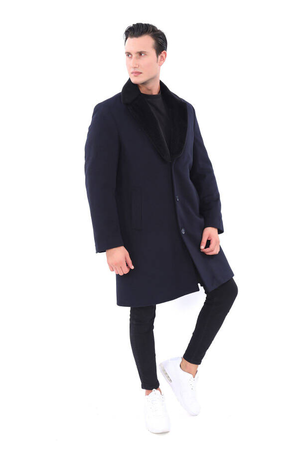 Men's Navy Fur Collar Long Coat - 1