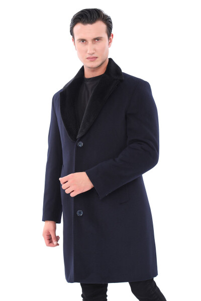 Men's Navy Fur Collar Long Coat - 2