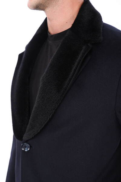 Men's Navy Fur Collar Long Coat - 3