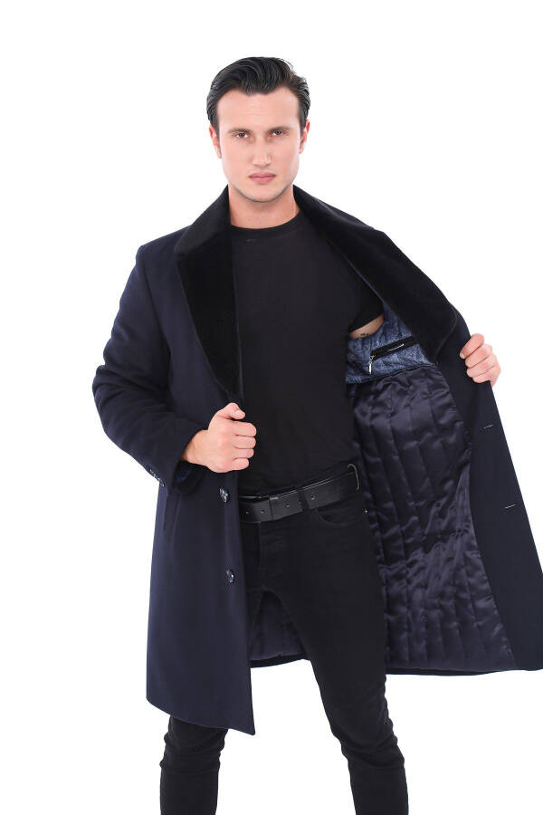 Men's Navy Fur Collar Long Coat - 4