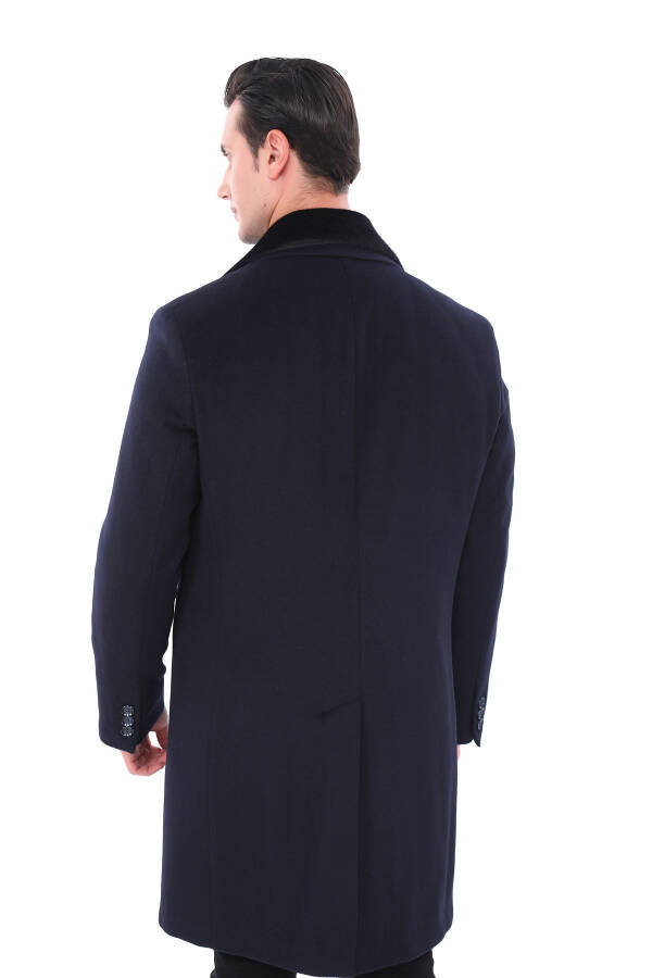 Men's Navy Fur Collar Long Coat - 5