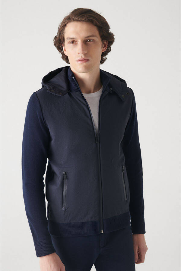 Men's Navy Hooded Wool Coat - 1